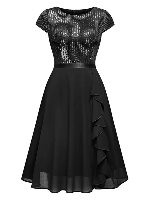 1940s Sequin Chiffon Ruffle Trim Swing Dress Tunics Stylish elegant