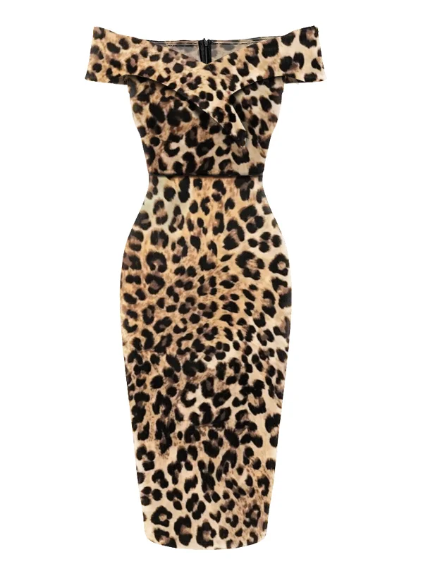1960s Off-shoulder Leopard Pencil Dress Tunics Cozy soft