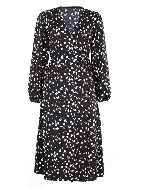 Black 1940s Leopard V-Neck Wrap Dress Pencil Office Professional