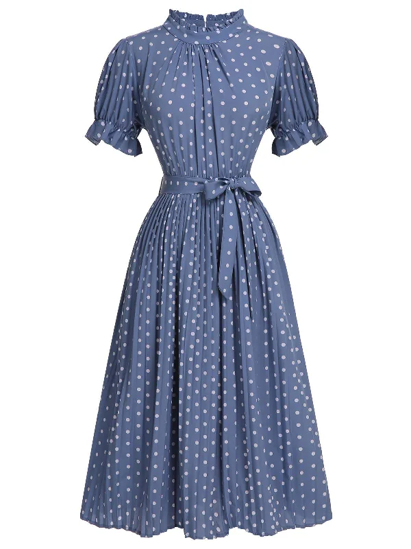Blue 1930s Polka Dots Bow Tie Pleated Dress Tunics Recommended stylist