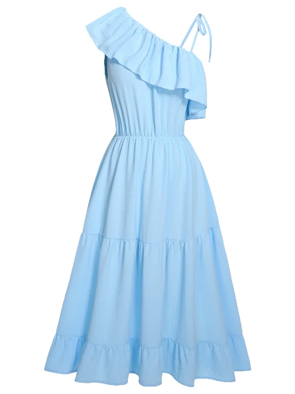 Blue 1940s One-Shoulder Sleeveless Ruffles Dress Tunics Business professional