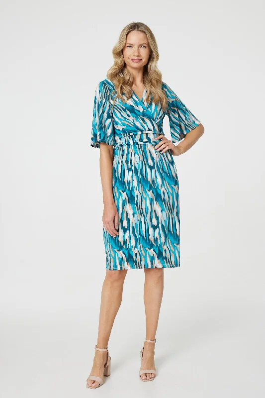 Printed 1/2 Angel Sleeve Faux Wrap Dress A-Line Day Work
