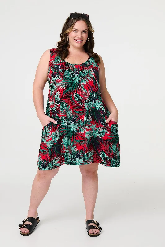 Leaf Print Sleeveless Tunic Dress sweetheart Neckline Romantic