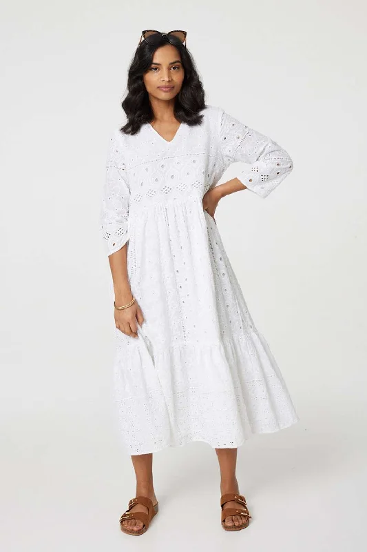 Broderie Anglaise 3/4 Sleeve Midi Dress Tunics Top rated