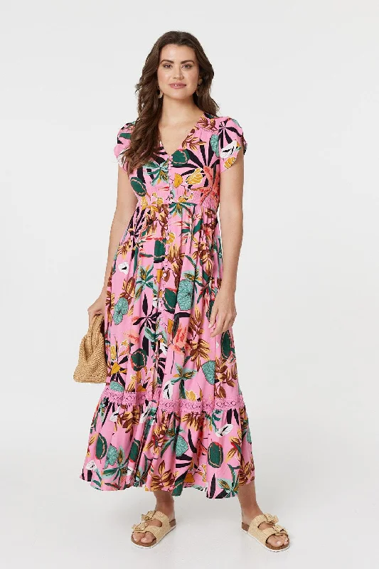 Tropical Print Angel Sleeve Maxi Dress Tunics stripes playful