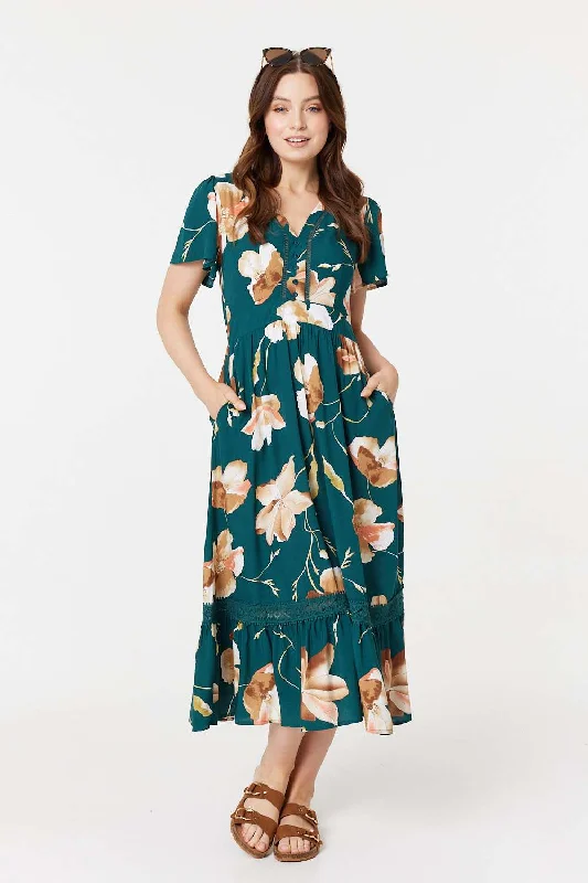 Floral Lace Trim A-Line Midi Dress Tunics Luxurious premium