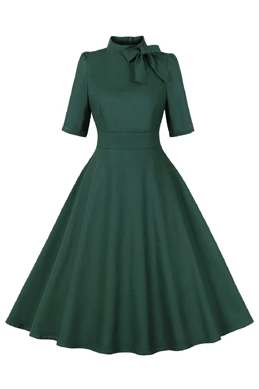 Dark Green Stand Collar Vintage 1950s Dress Tunics Sophisticated sleek
