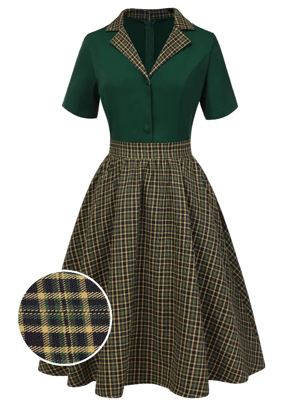 [Pre-Sale] Green 1950s Plaid Patchwork Lapel Dress Shift Classic Vintage