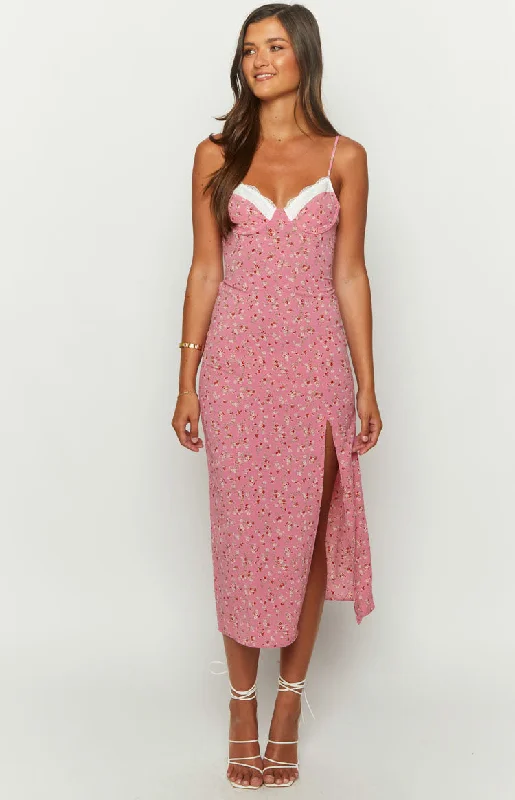 Kinsley Pink Floral Midi Dress Tunics Luxurious high-end