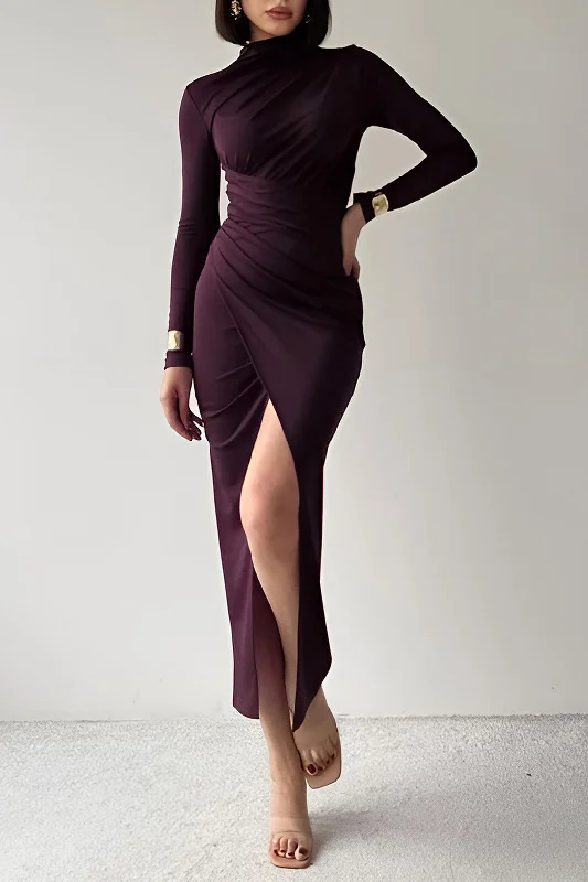 Solid Asymmetrical Ruched Slit Long-Sleeve Maxi Dress Bodycon Club Sequined