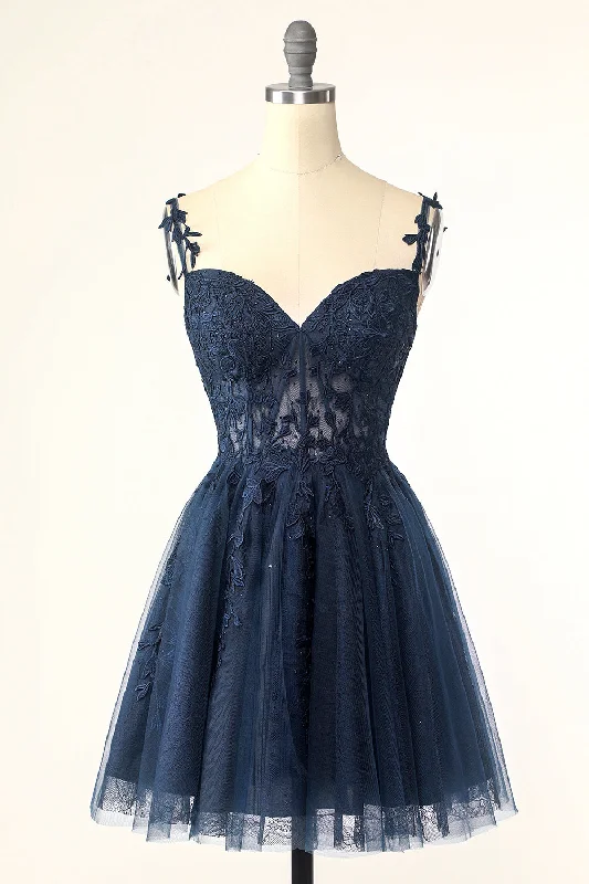 Navy Spaghetti Straps Short Homecoming Dress with Appliques Maxi Flowy Bohemian