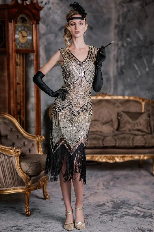 [US Warehouse] Champagne 1920s Sequined Flapper Dress Tunics Sophisticated sleek
