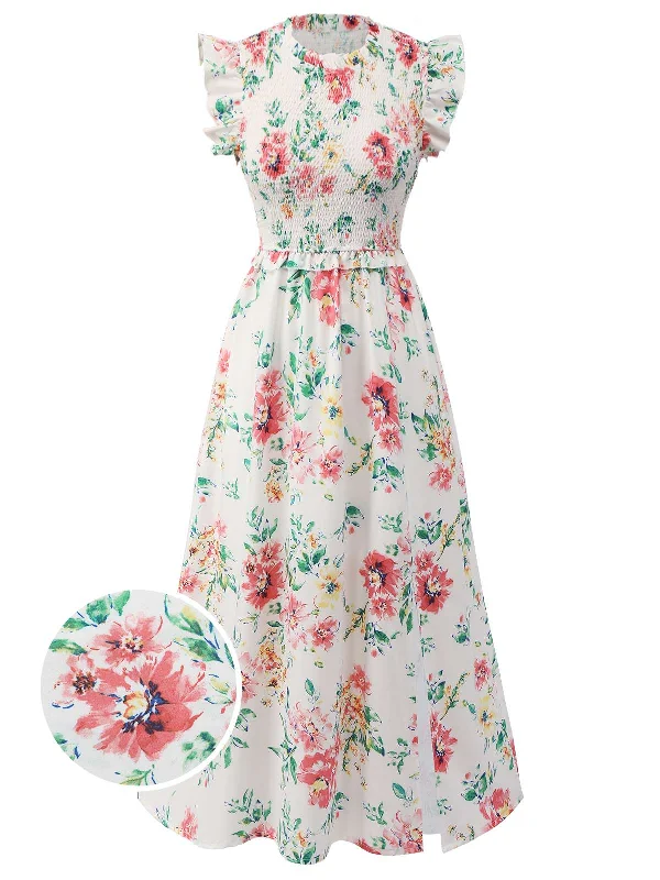 White 1940s Sleeveless Floral Ruffles Dress Tunics Practical easy-care