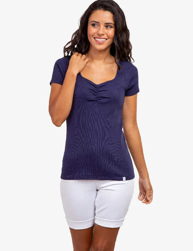 KNOTCHED RIB SHORT SLEEVE TOP Collared Crew Neck Turtle Neck
