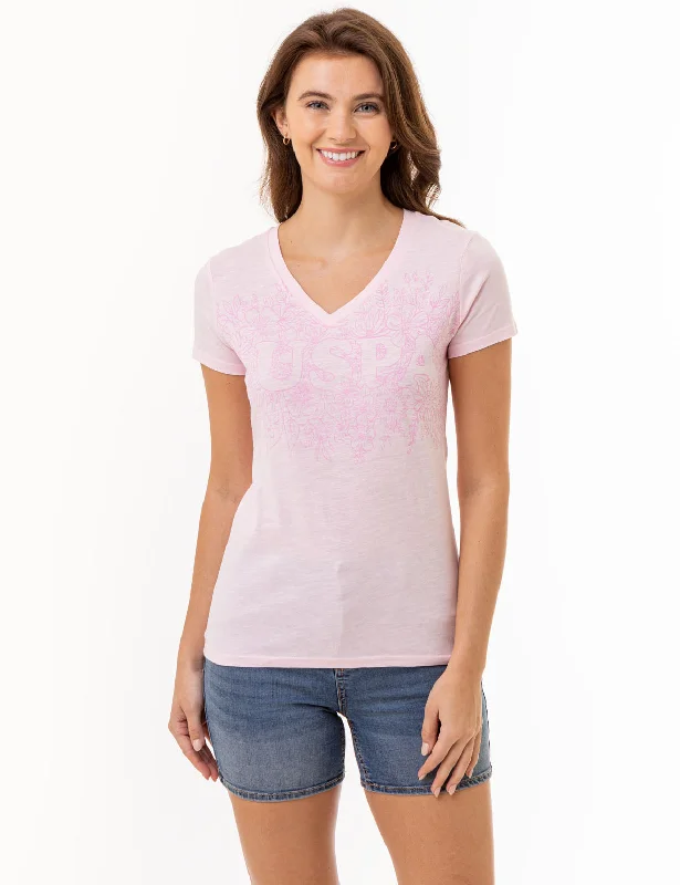 TONAL FLORAL V-NECK T-SHIRT Denim Fabric Leather Fabric Suede Fabric