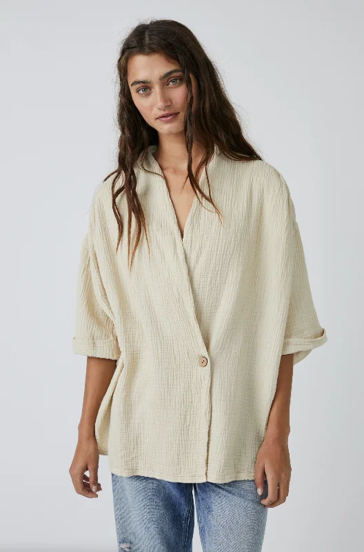 Free People Lou Blazer Shirt in Summer Khaki Lightweight Linen Blouse