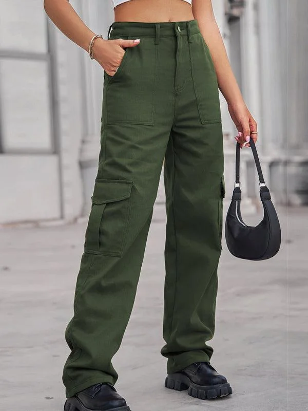 Women Solid Twill Cargo Pants Minimalist Long Overalls