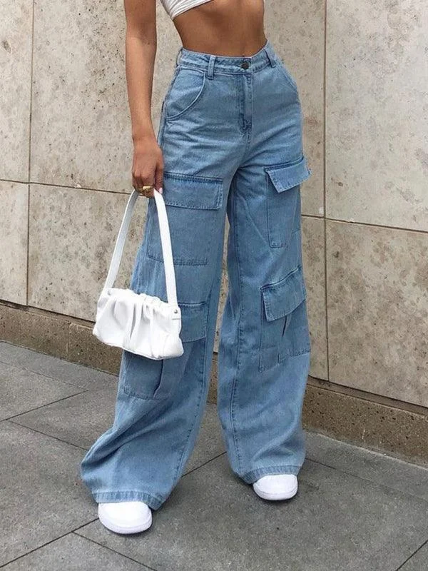 Women Wide-Leg Cargo Jeans Vintage Wash Jumpsuit
