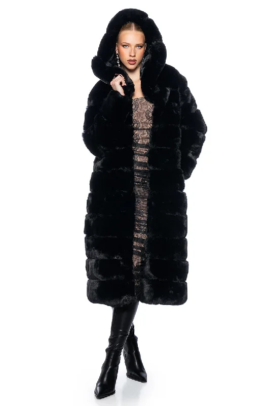 AZALEA WANG FAUX FUR PANEL HOODED TRENCH IN BLACK Fleece Jacket Down Jacket Parka