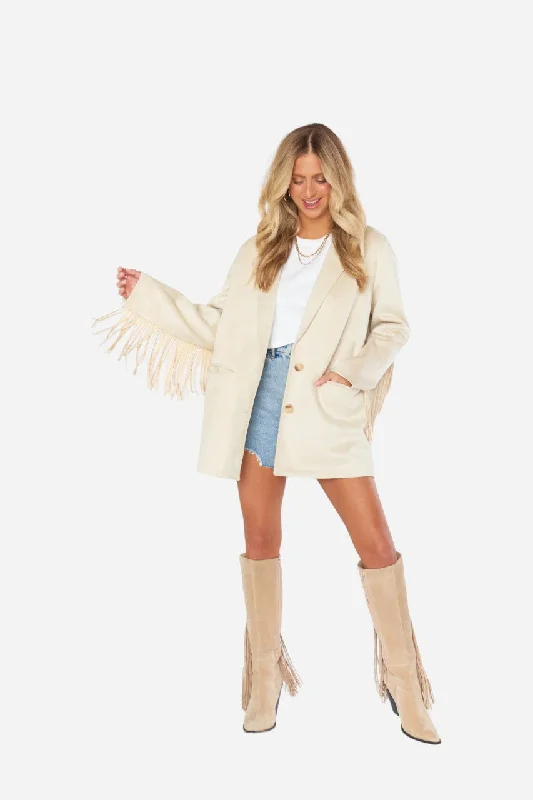 Show Me Your Mumu Sierra Fringe Jacket in Cream Fitted Tailored Blazer