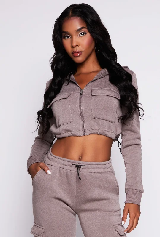 Toggle Drawstring Hem Zip Front Hoodie Hoodie with Raw Hem Edgy Unfinished
