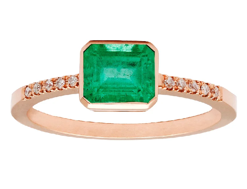 Shop Modern Jewelry Collections With Exclusive Discounts 0.90ct Cushion Colombian Emerald & Rose Gold Diamond Pavé Bezel Ring