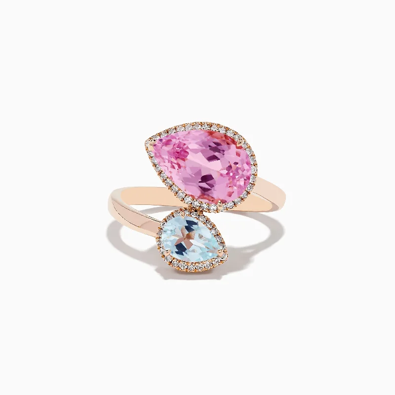 Dainty Floral Jewelry For Feminine Elegance 14K Rose Gold Kunzite and Aquamarine Diamond Toi et Moi Ring