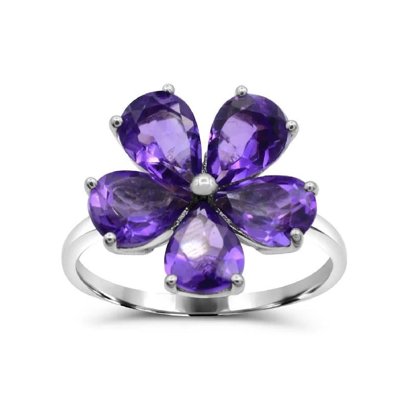 The Ultimate Jewelry Sale – Shop Premium Styles 7X5MM Pear Amethyst Flower Gem Stone Ring in Rhodium Plated Sterling Silver