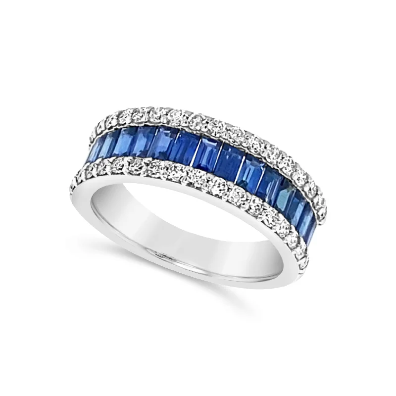 Waterproof Stainless Steel Jewelry For Lasting Beauty Baguette Sapphire and Round Diamond Ring