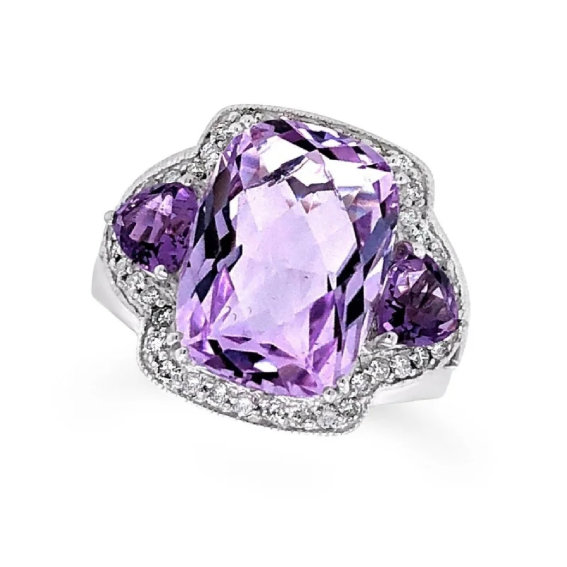 Timeless Jewelry At Special Discount Rates Cushion Cut and Half Moon Amethyst and Diamond Halo Ring