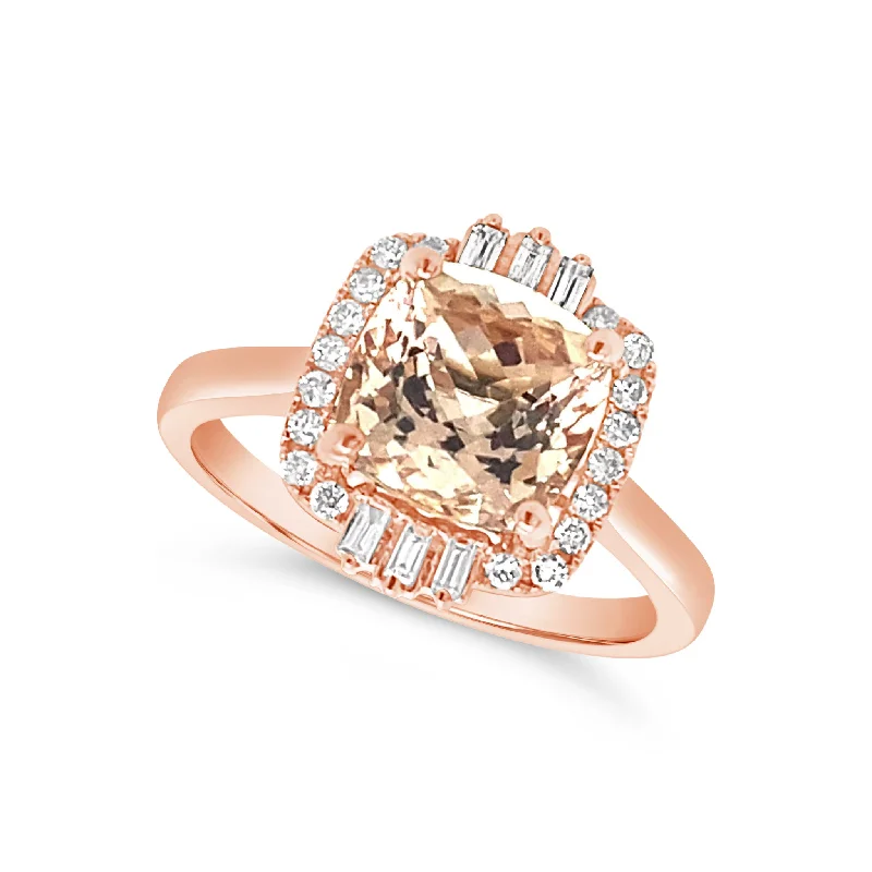 Discounted Jewelry For A Glamorous Look Cushion Morganite and Vintage Diamond Halo Ring