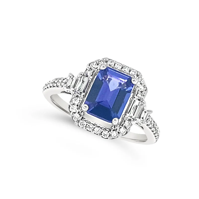 Discounted Luxury Jewelry – Shine Without The Splurge Emerald Shaped Tanzanite and Diamond Halo Ring