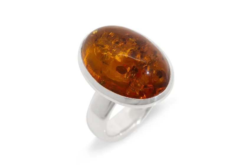Waterproof Stainless Steel Jewelry For Lasting Beauty JW175 Oval Amber Ring, Sterling Silver