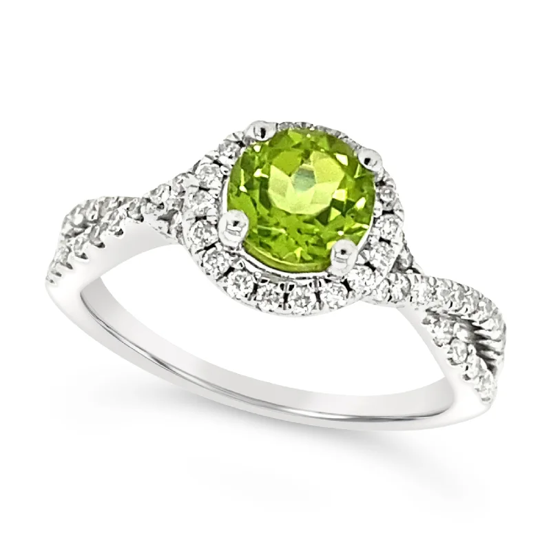 Big Discounts On Elegant Jewelry Collections Peridot and Diamond Halo Crossover Ring