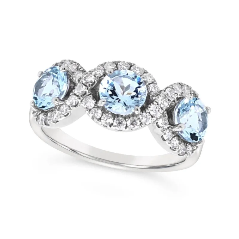 Premium Jewelry Now Available At Special Discounts Three Round Aquamarine and Diamond Halo Ring