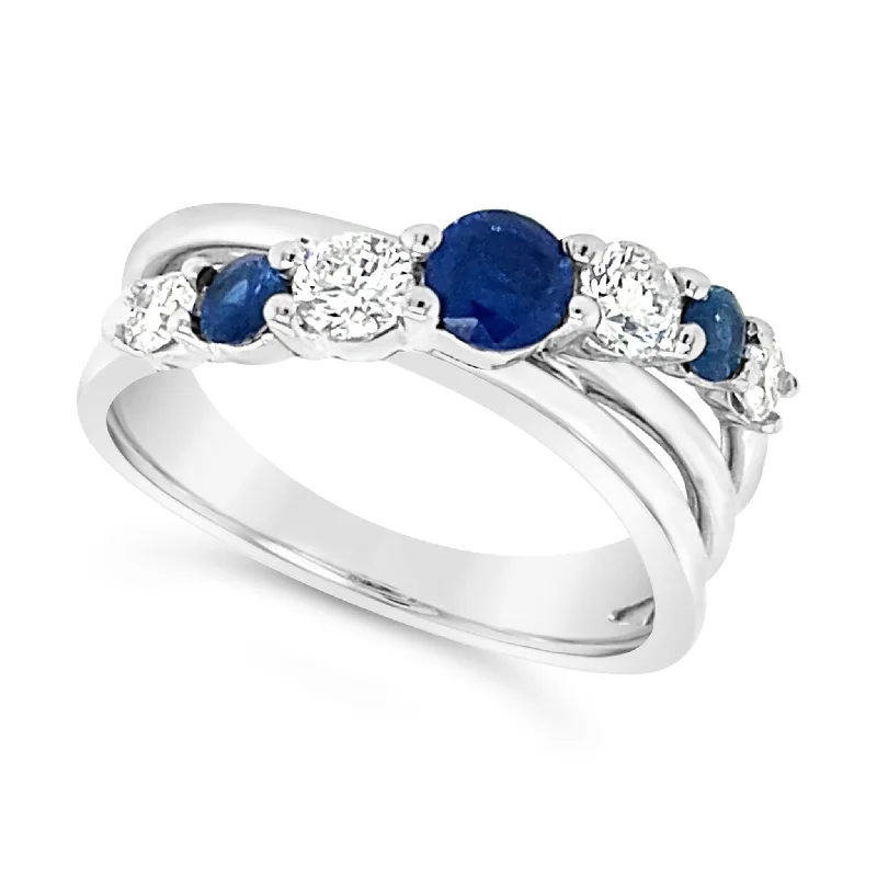 Limited-Time Offer On Premium Jewelry Collections Three Row Crossover Design Sapphire and Diamond Ring