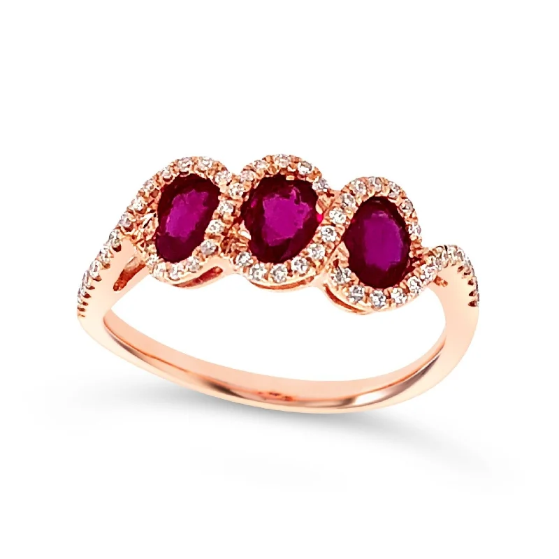 Affordable Glamour – Premium Jewelry At Special Prices Three Stone Oval Ruby and Diamond Halo Ring
