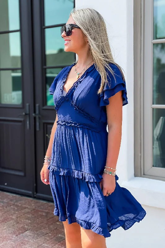 Delightful Days V-Neck Ruffle Dress - Navy