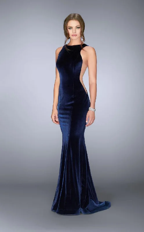 La Femme Svelte Velvet Mermaid Gown in Navy 24605
