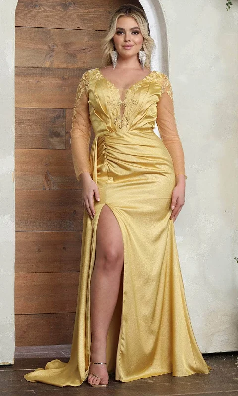 May Queen RQ8045 - V-Neck Side Draped Prom Gown