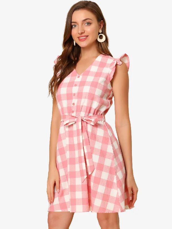 Casual Plaids Ruffled Sleeve A-Line Gingham Check Dress