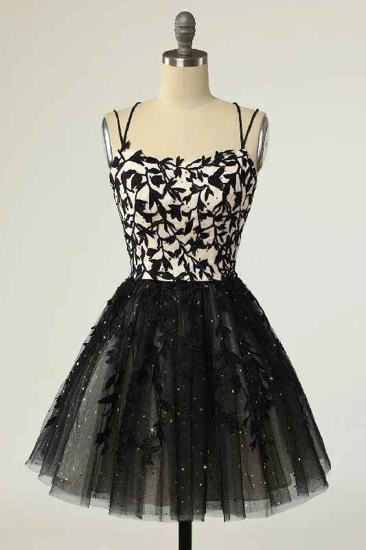Straps Black Appliques Short Homecoming Dress with Sequins