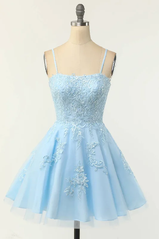Straps Light Blue A-Line Homecoming Dress with Appliques